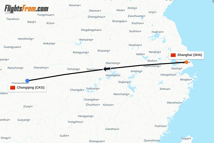 Flights from Shanghai to Chongqing route map