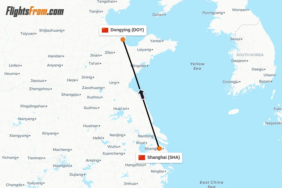 Flights from Shanghai to Dongying route map