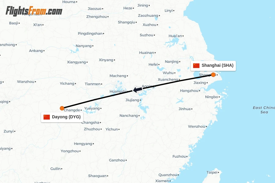 Flights from Shanghai to Dayong route map