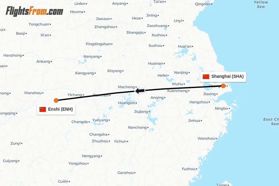 Flights from Shanghai to Enshi route map