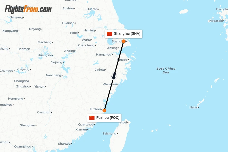 Flights from Shanghai to Fuzhou route map