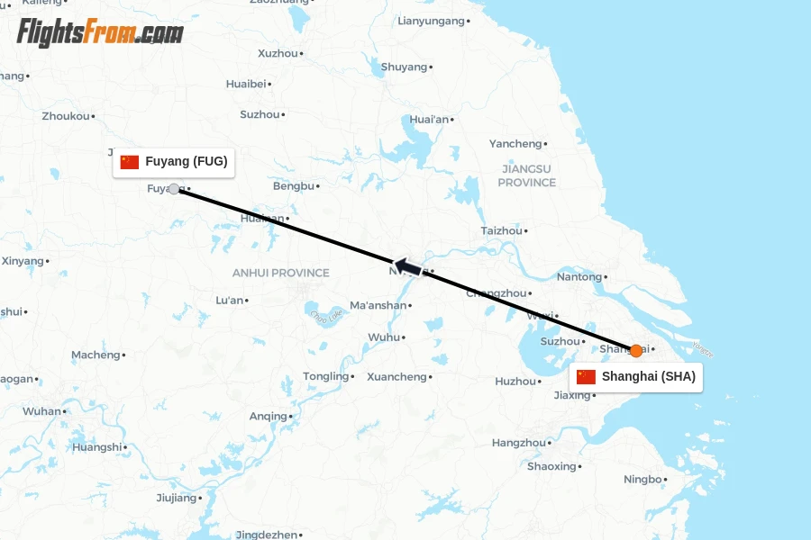 Flights from Shanghai to Fuyang route map