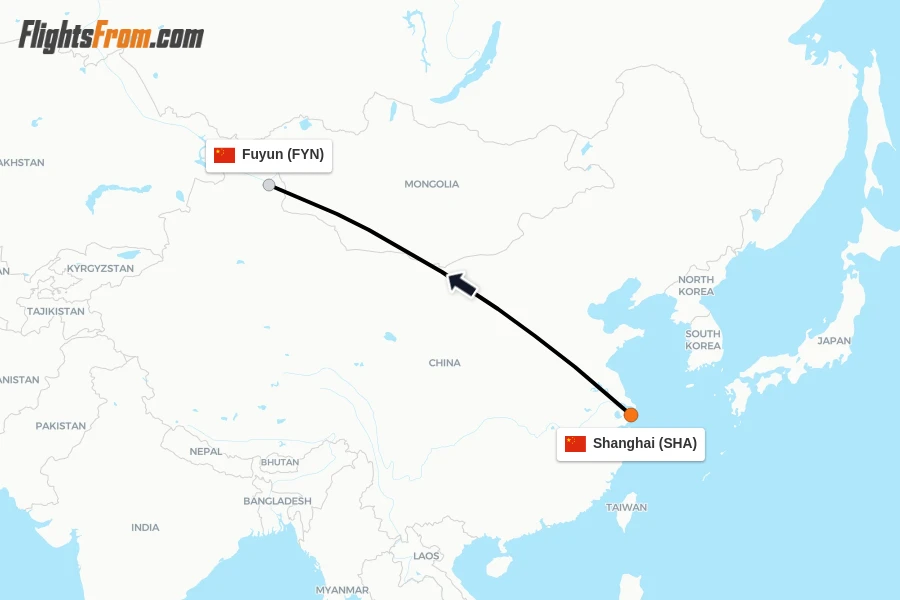 Flights from Shanghai to Fuyun route map