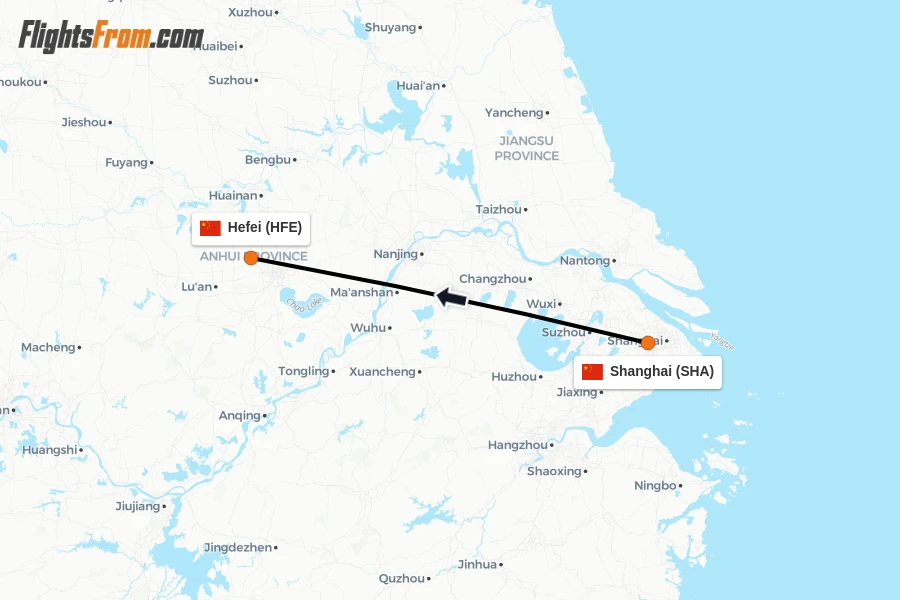 Flights from Shanghai to Hefei route map