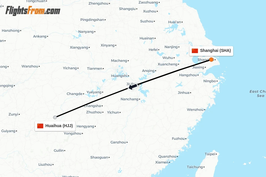 Flights from Shanghai to Huaihua route map