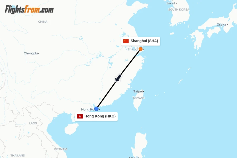 Flights from Shanghai to Hong Kong route map