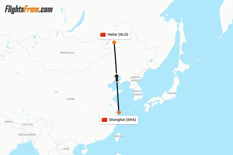 Flights from Shanghai to Hailar route map