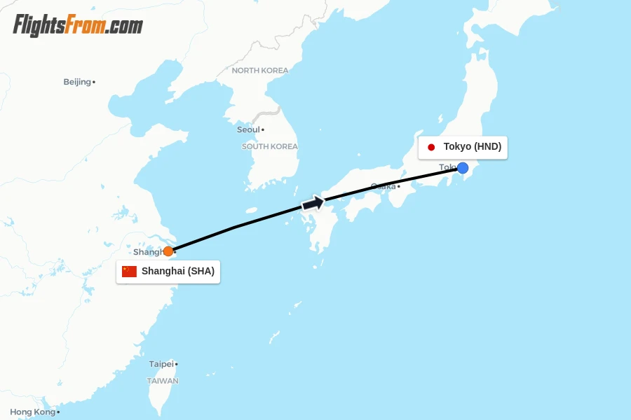 Flights from Shanghai to Tokyo route map