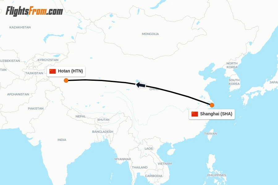 Flights from Shanghai to Hotan route map