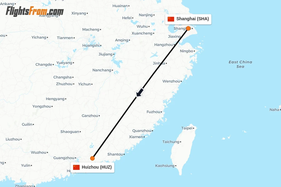 Flights from Shanghai to Huizhou route map