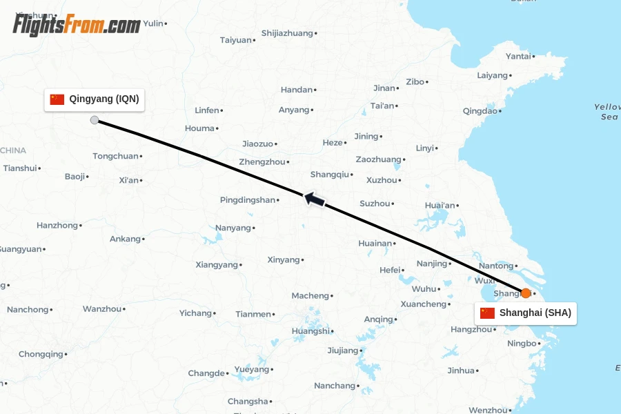 Flights from Shanghai to Qingyang route map