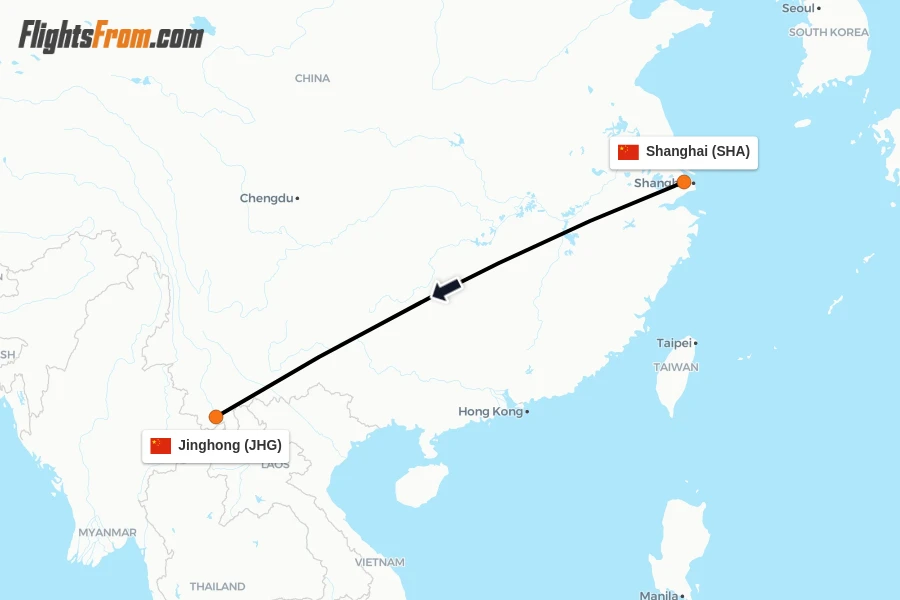 Flights from Shanghai to Jinghong route map
