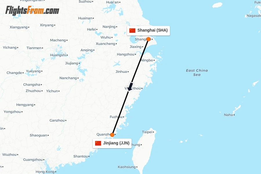 Flights from Shanghai to Jinjiang route map