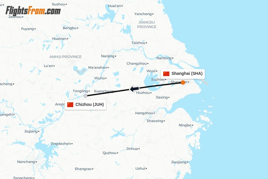 Flights from Shanghai to Chizhou route map