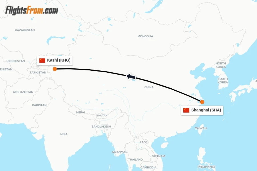 Flights from Shanghai to Kashi route map