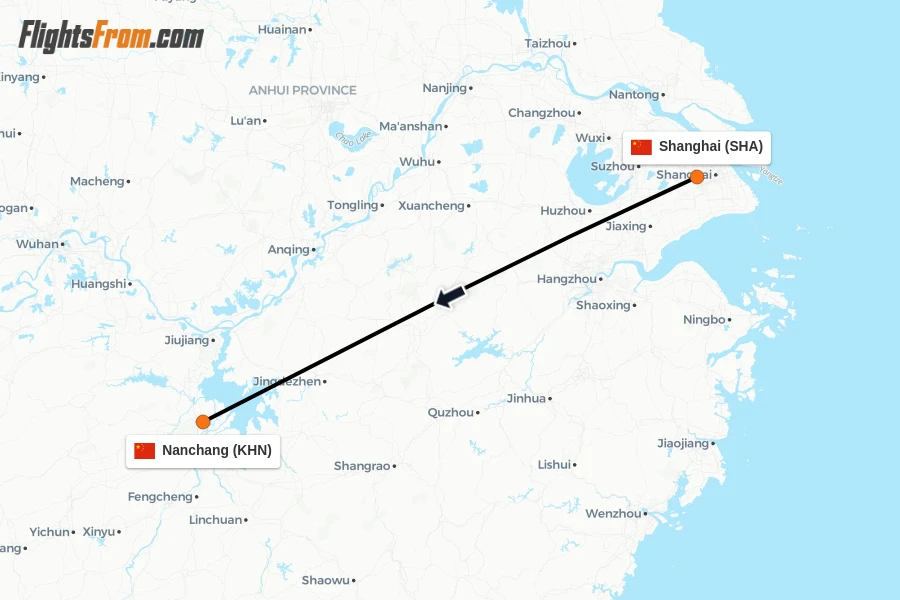 Flights from Shanghai to Nanchang route map
