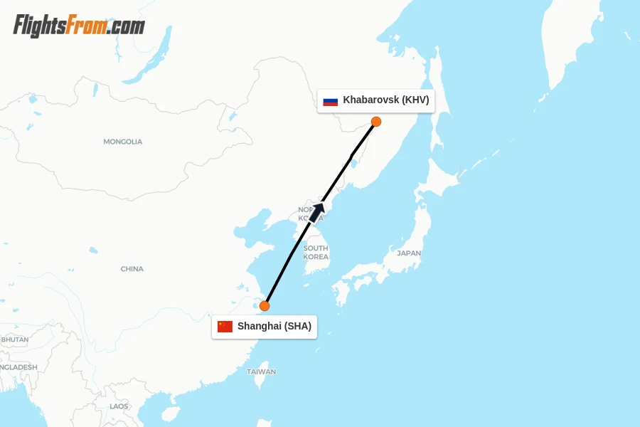 Flights from Shanghai to Khabarovsk route map