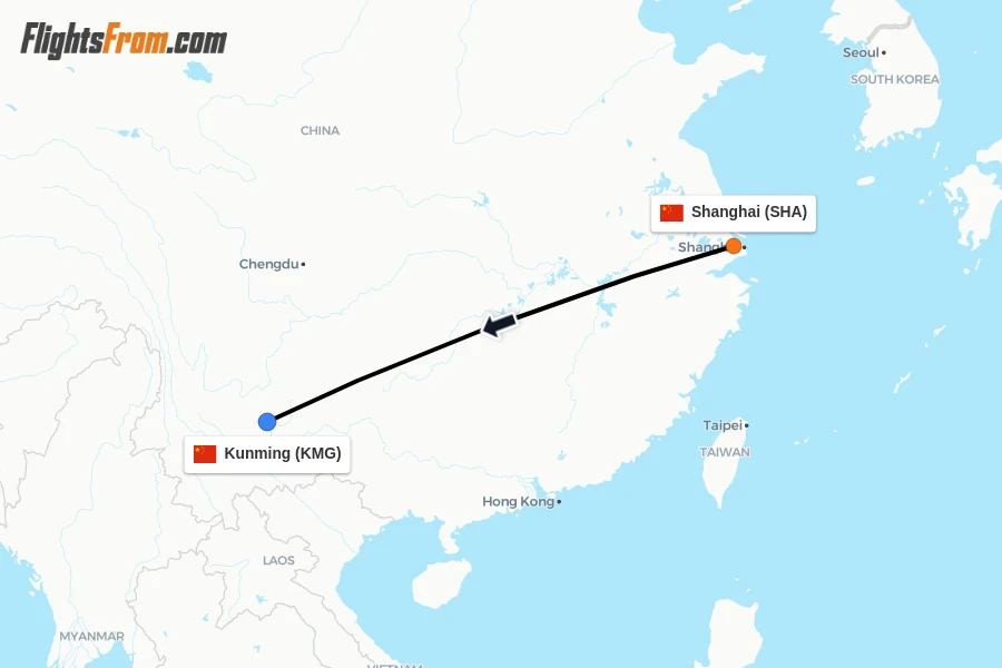 Flights from Shanghai to Kunming route map