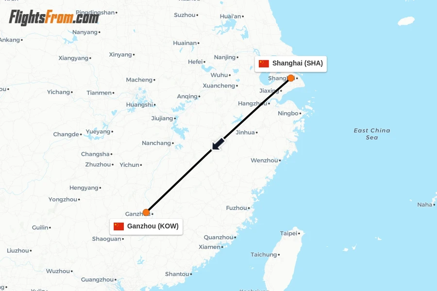 Flights from Shanghai to Ganzhou route map