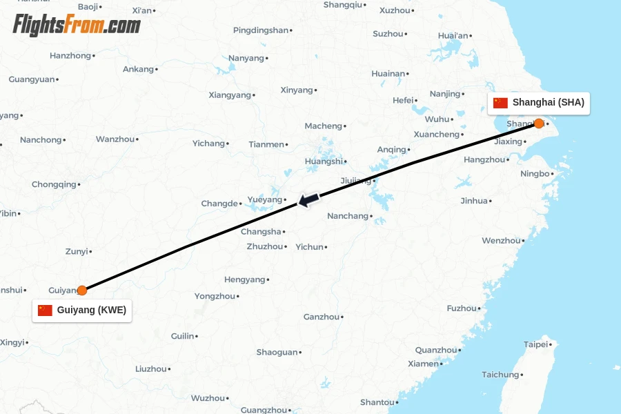 Flights from Shanghai to Guiyang route map