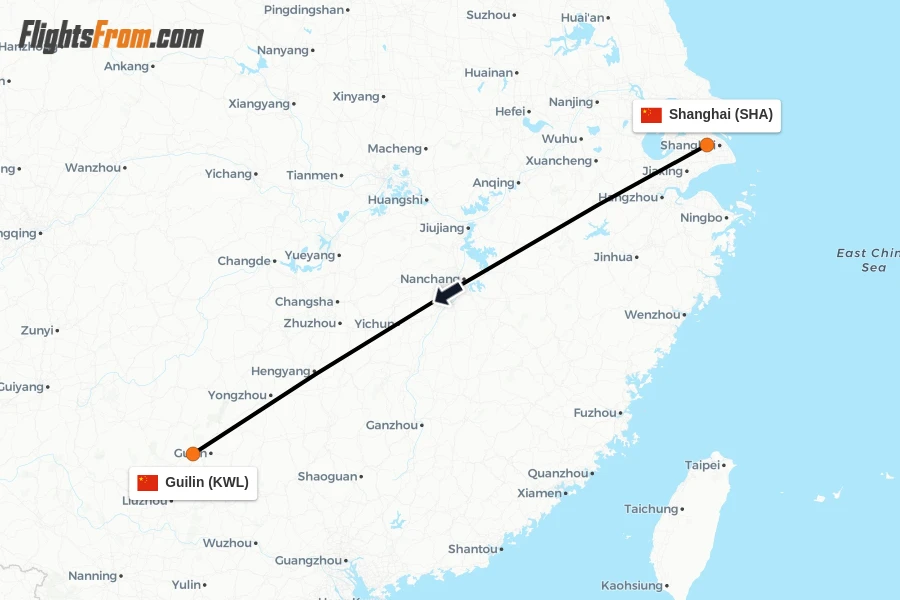 Flights from Shanghai to Guilin route map