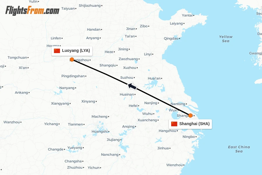 Flights from Shanghai to Luoyang route map