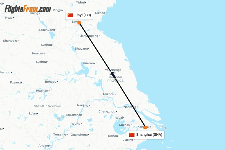 Flights from Shanghai to Linyi route map