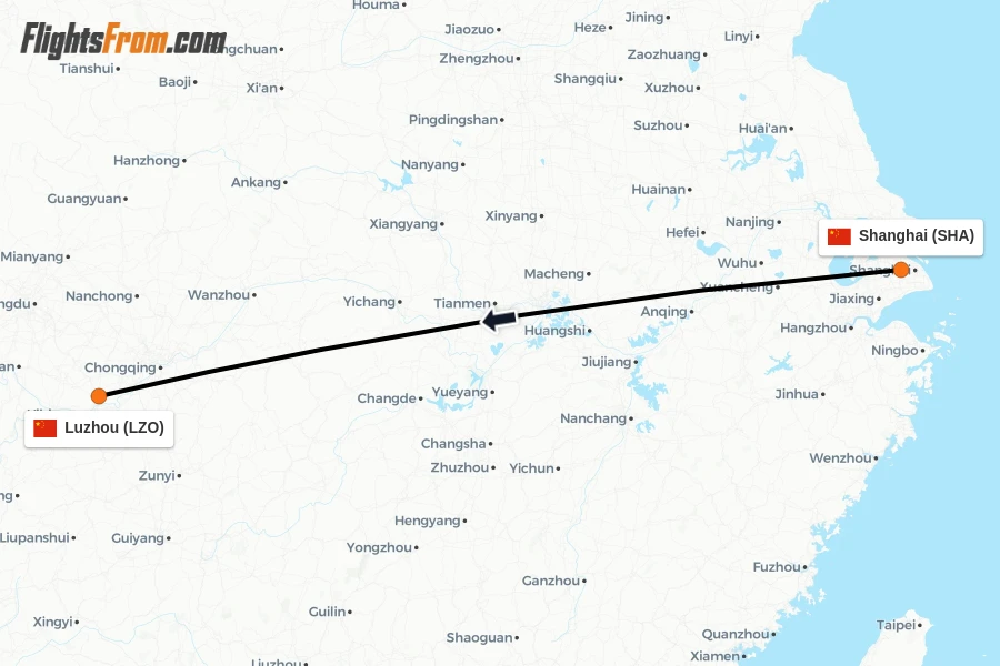Flights from Shanghai to Luzhou route map