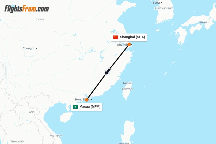 Flights from Shanghai to Macau route map