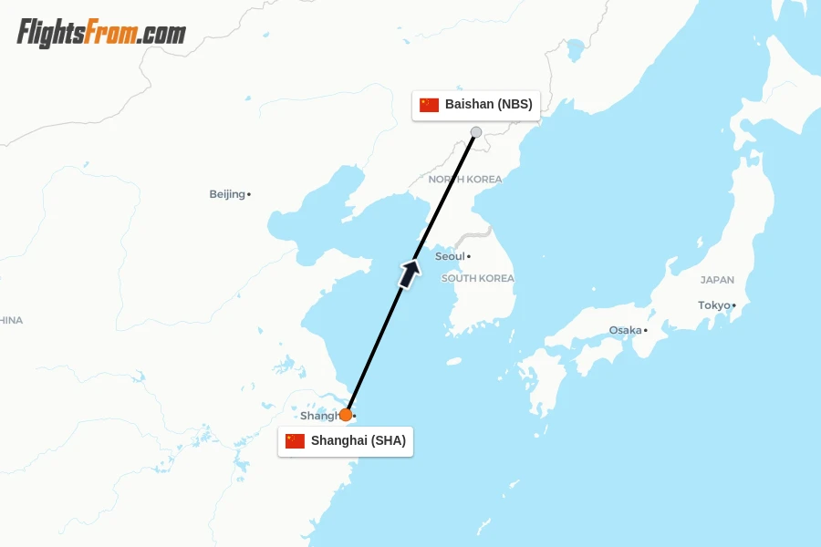Flights from Shanghai to Baishan route map