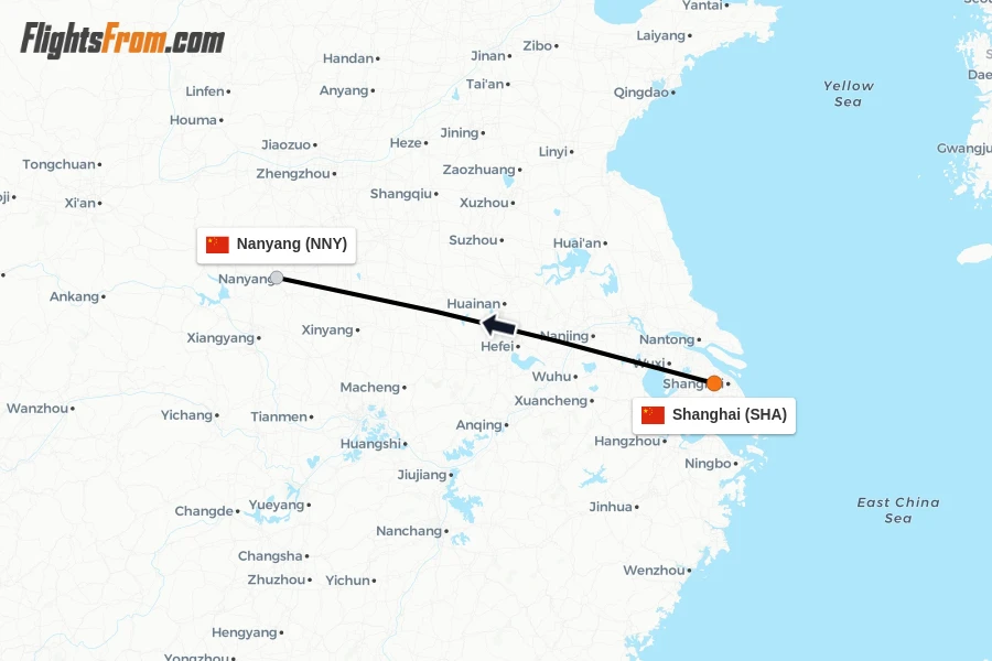Flights from Shanghai to Nanyang route map