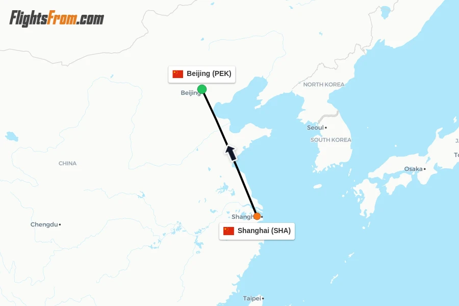 Flights from Shanghai to Beijing route map