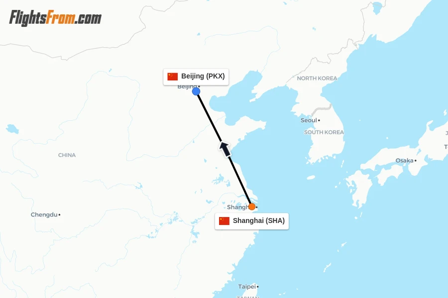 Flights from Shanghai to Beijing route map