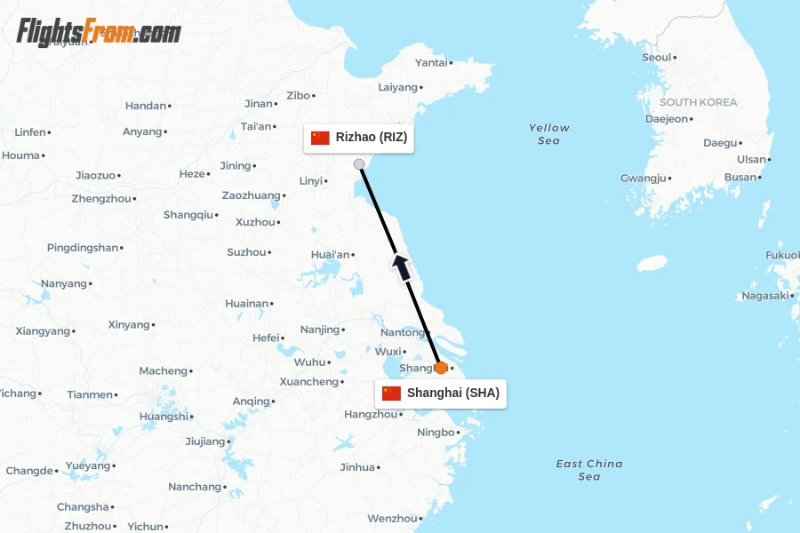 Flights from Shanghai to Rizhao route map