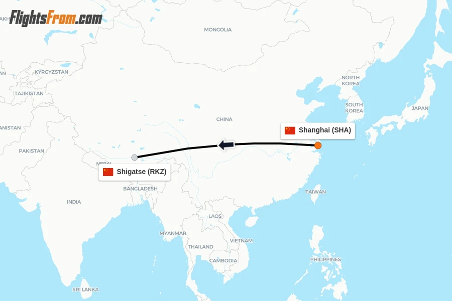 Flights from Shanghai to Shigatse route map