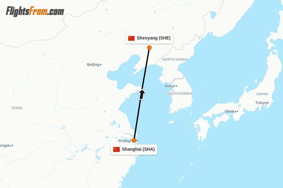 Flights from Shanghai to Shenyang route map