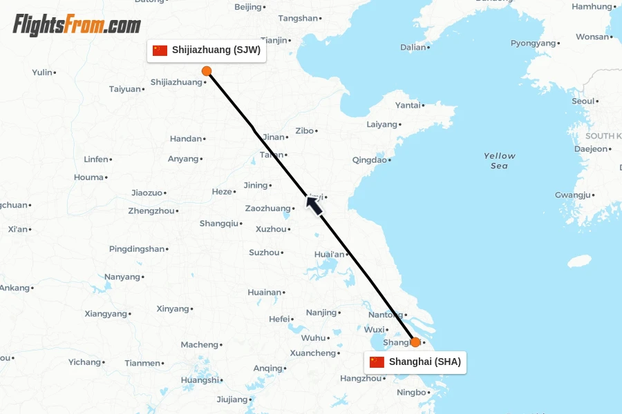 Flights from Shanghai to Shijiazhuang route map