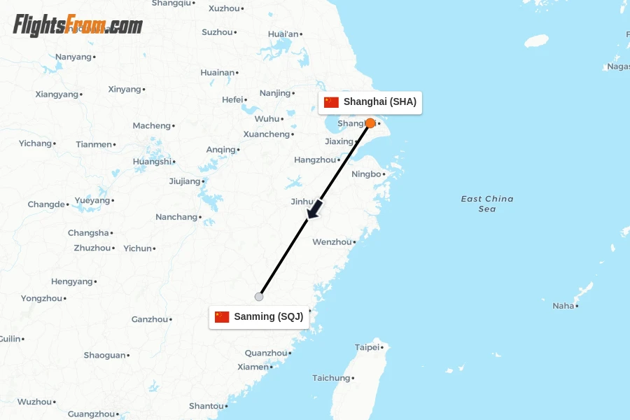 Flights from Shanghai to Sanming route map