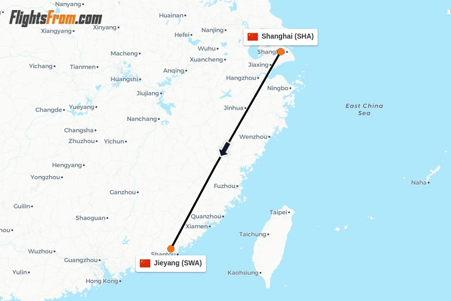 Flights from Shanghai to Jieyang route map