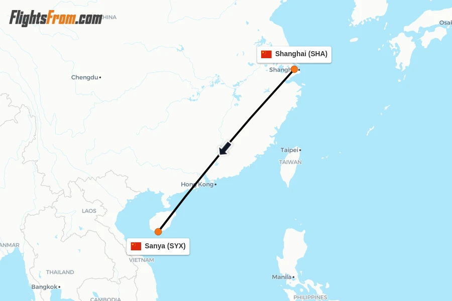 Flights from Shanghai to Sanya route map