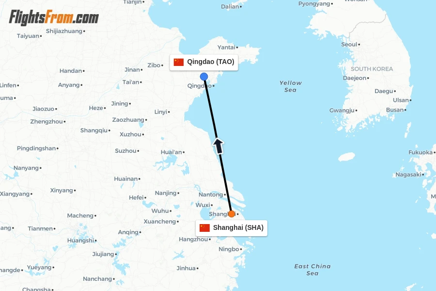 Flights from Shanghai to Qingdao route map