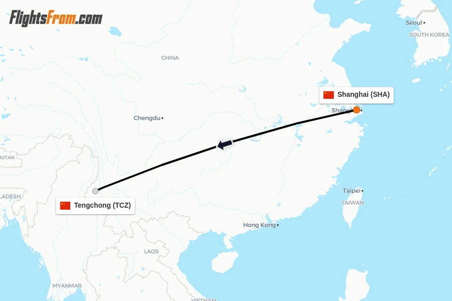 Flights from Shanghai to Tengchong route map