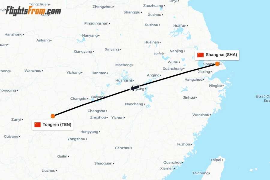 Flights from Shanghai to Tongren route map