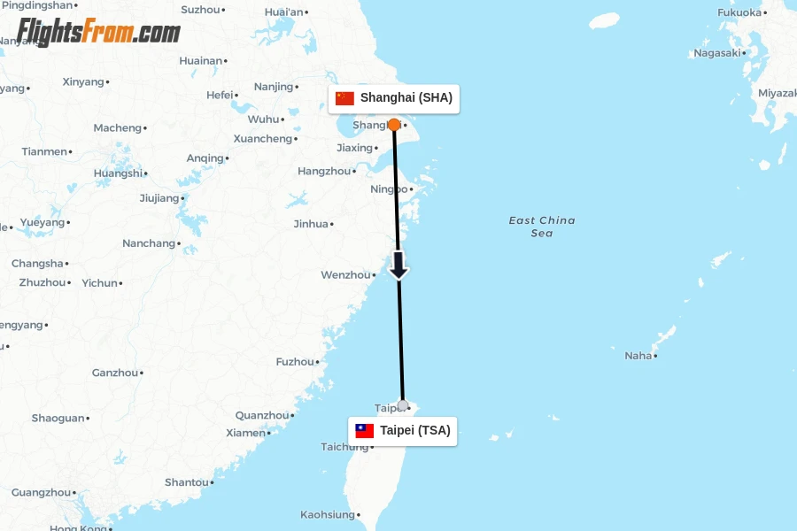 Flights from Shanghai to Taipei route map