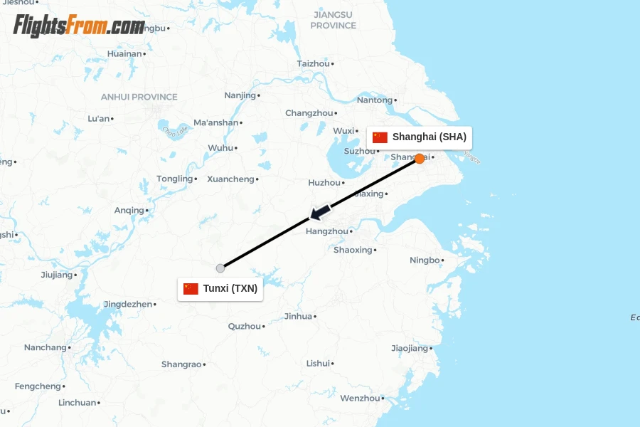 Flights from Shanghai to Tunxi route map