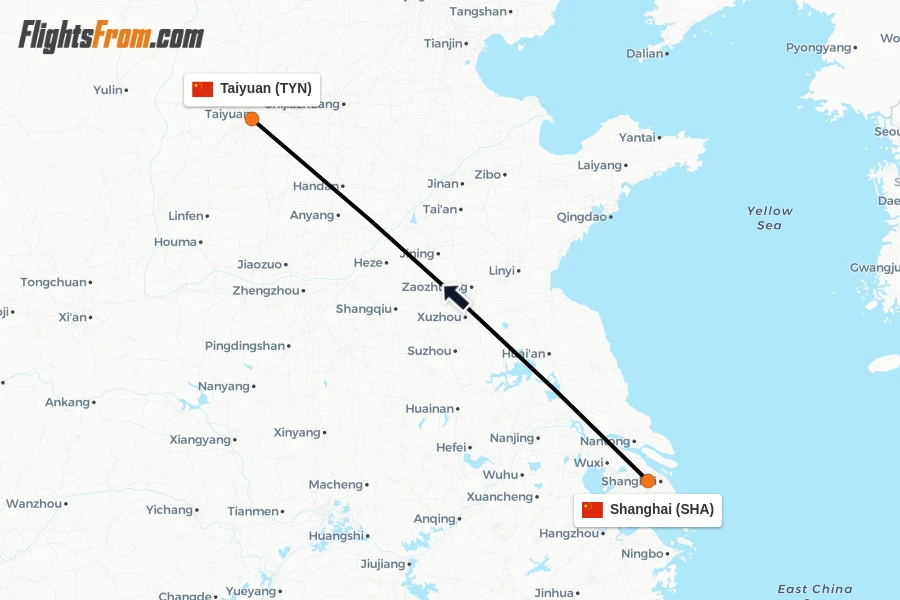 Flights from Shanghai to Taiyuan route map