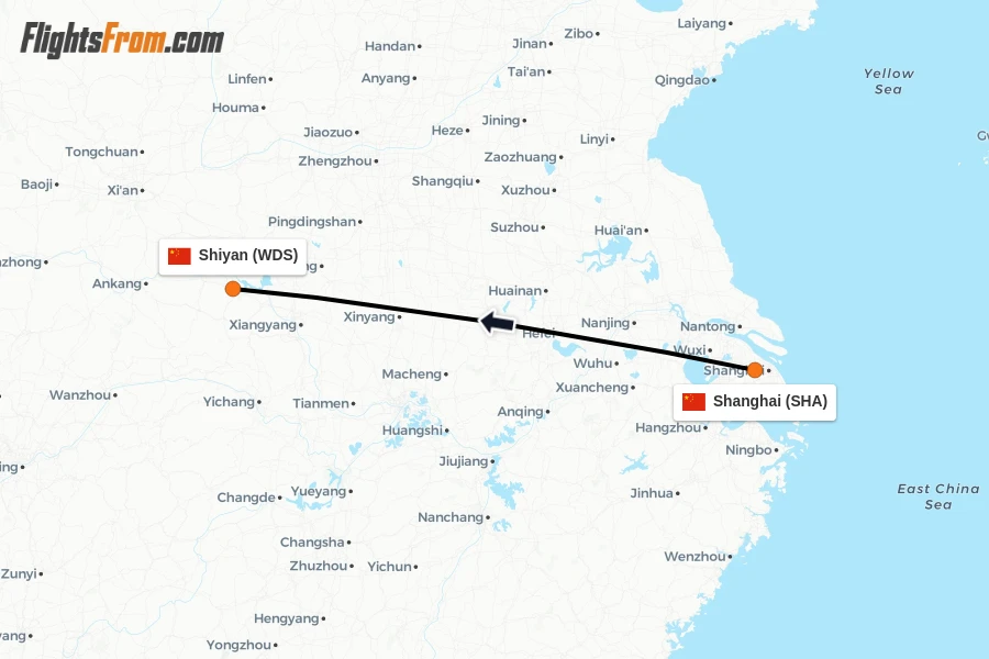 Flights from Shanghai to Shiyan route map
