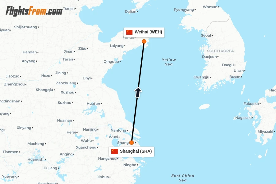 Flights from Shanghai to Weihai route map