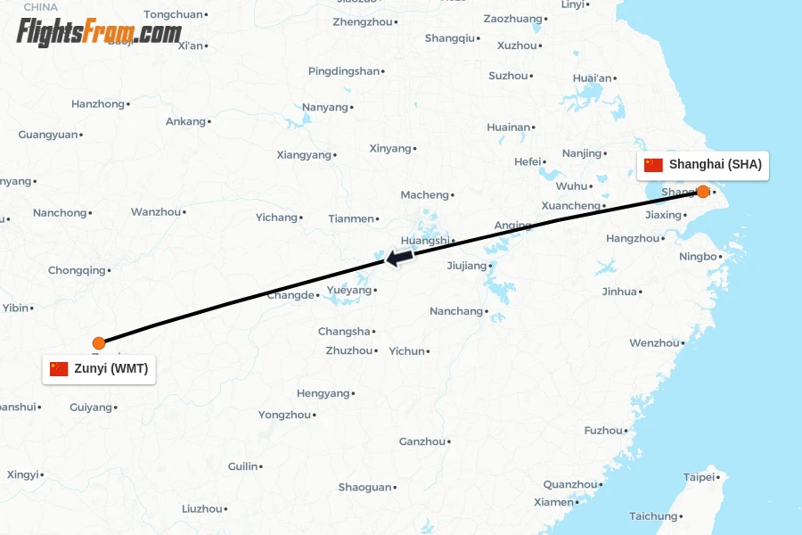 Flights from Shanghai to Zunyi route map