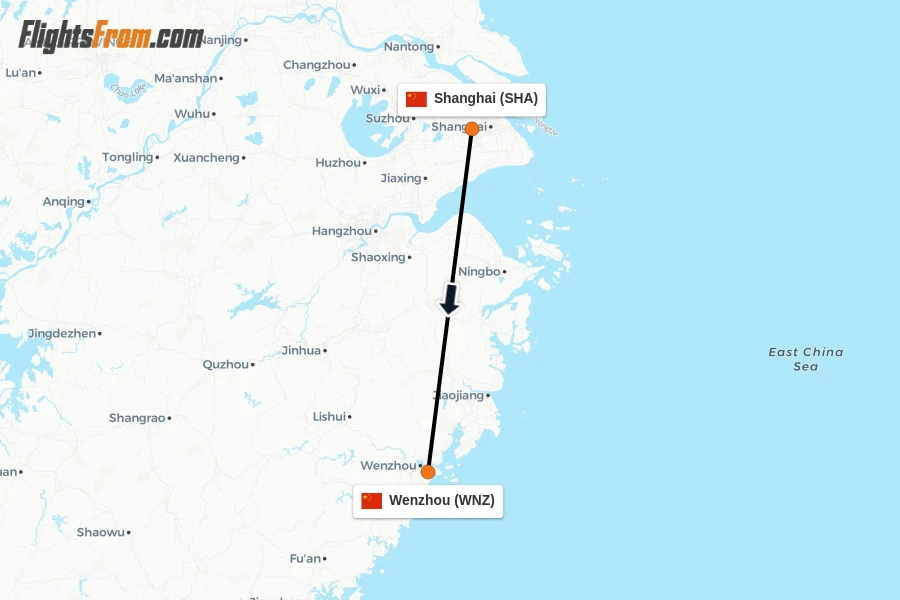 Flights from Shanghai to Wenzhou route map